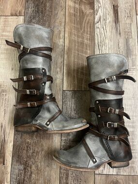 Freebird by Steven Gray Leather Mid-Calf Boots with Brown Strap Accents Riley